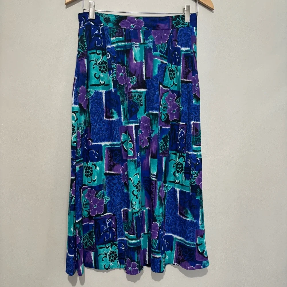 80s Vintage Colorful Floral Midi Skirt Size Medium Jessica Scott - Picture 8 of 11